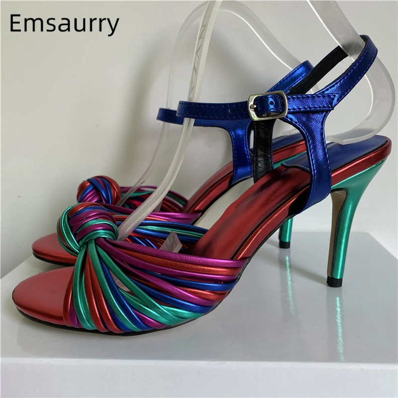 Genuine Leather Ankle Strap Sandals Women Thin High Heel Colorful Narrow Band Bowknot Modern Summer Shoes