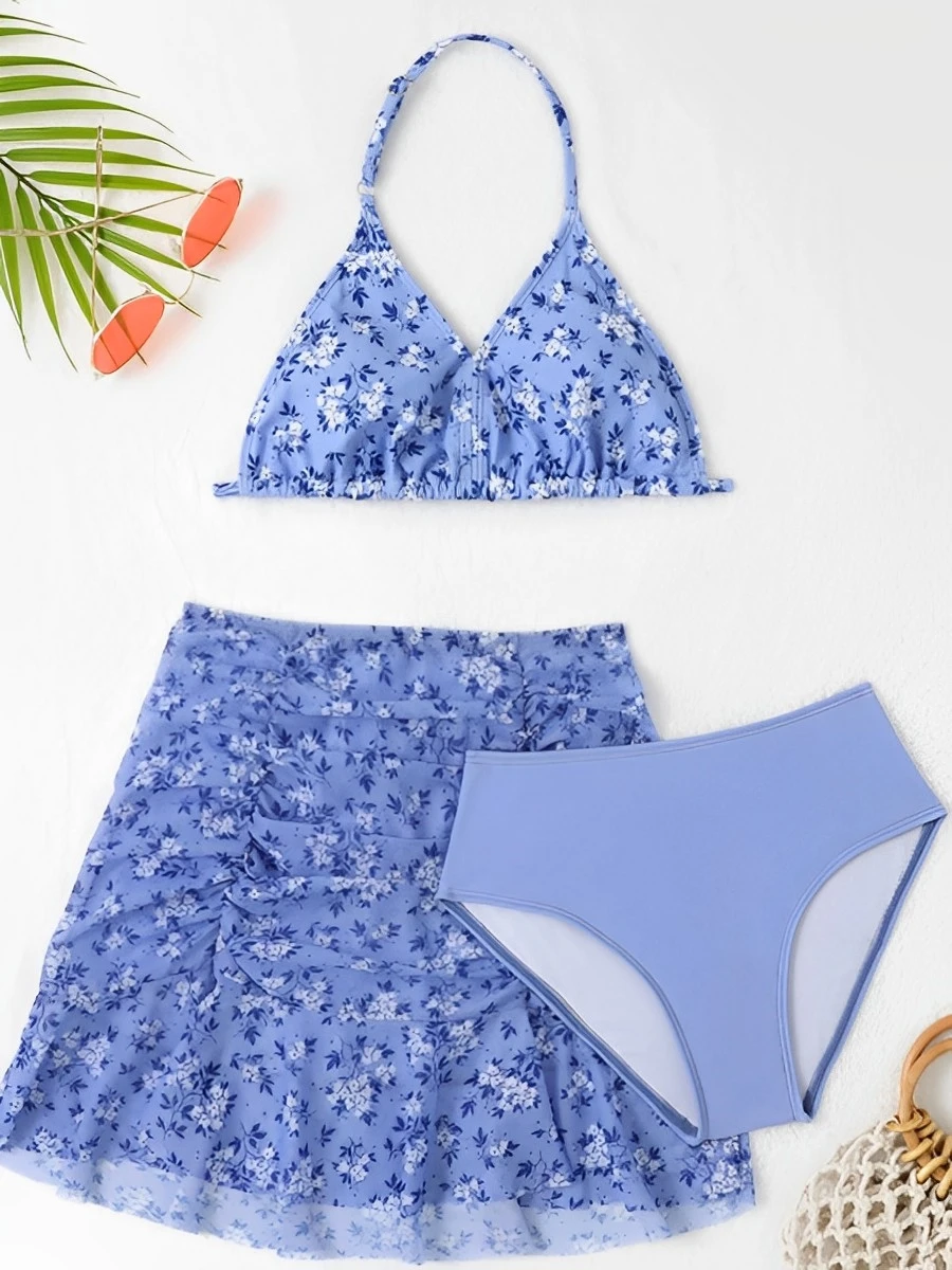 

2025 принт Холтер из трех предметов бикини для девочек купальник детский купальник женский детский купальный костюм купальный костюм пляжная одежда