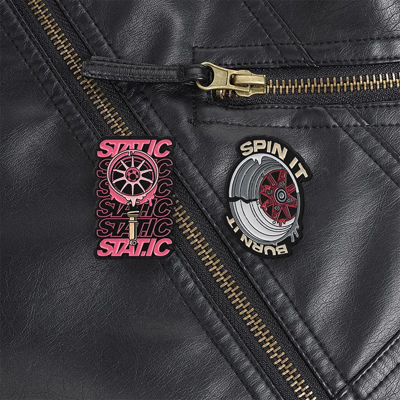 Spin It Burn It Drift Wheel Enamel Pin, Melting Tire Brooch with Red Brake Caliper for Drift Racing Fans and Streetwear Outfit