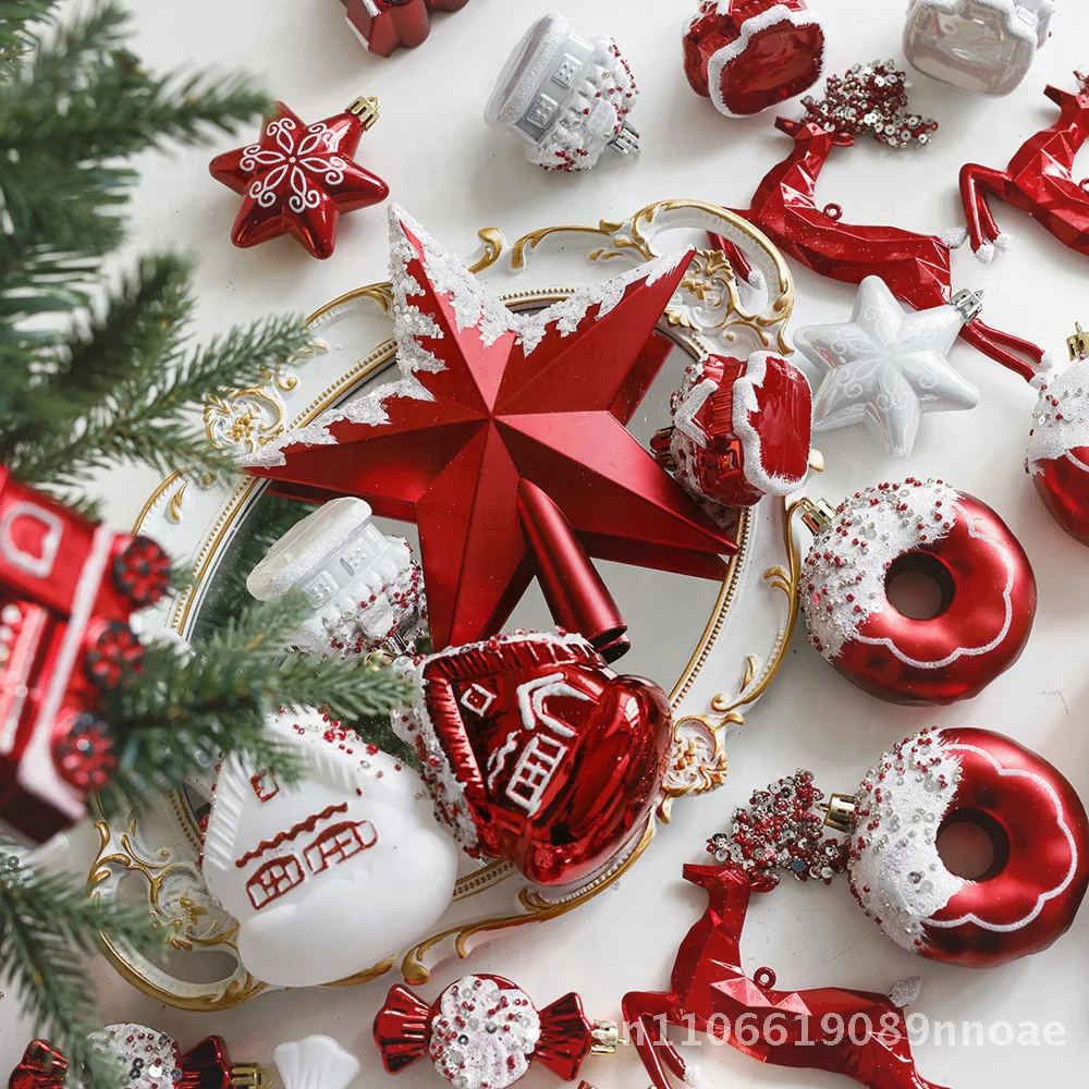 赤いクリスマスツリーのトップスター、プラスチックボールの装飾、手作りのアメリカンスタイルpvcスノーフレークペンダント（家の装飾用）