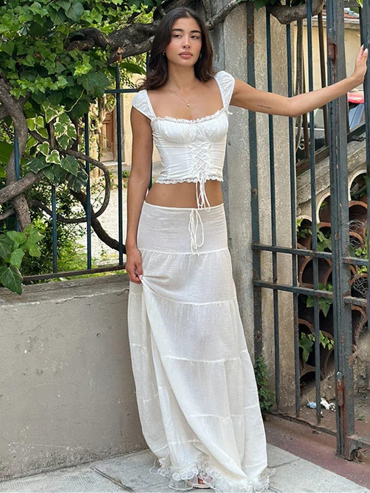 Sexy White Lace Backless Two Piece Set 2023 Bandage Top Long Skirt Women Set Elegant holiday casual 2 Piece Set Women