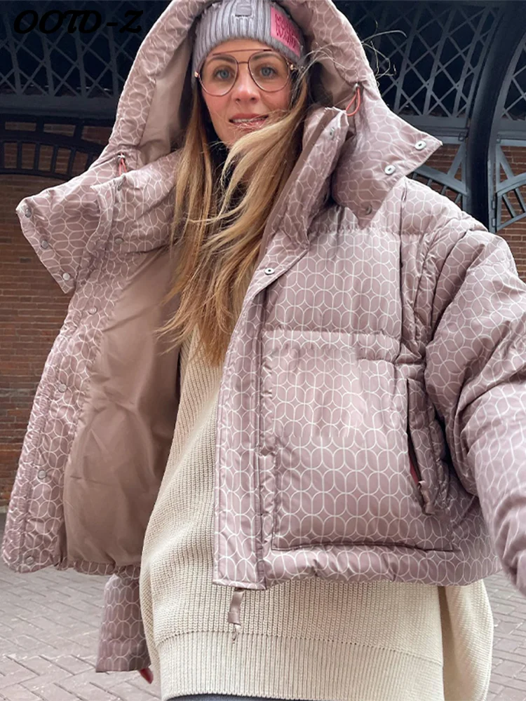 

Stylish Printed Hooded Cotton Coat Women Casual Zipper Pocket Stand Collar Female Coats 2025 Winter Chic Thicken Lady Jacket New