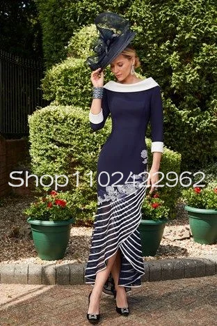 Navy Blue High Low Mother of the Bride Dresses with Satin Trim Hemline Long Sleeve Mermaid Mother Occasion Outfits Gowns