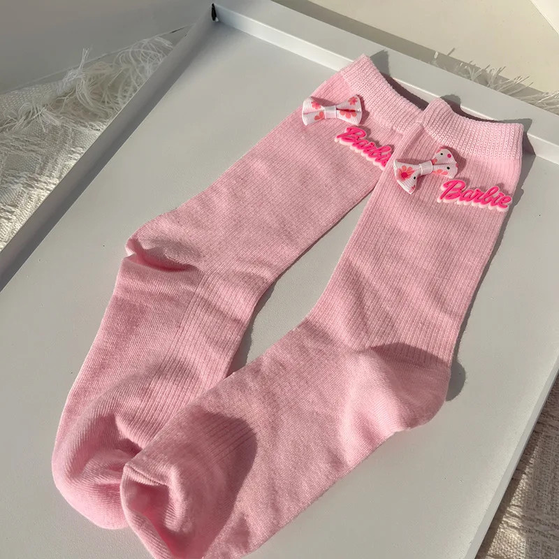 Nuevos calcetines Barbie Rose con lazo Kawaii Otoño Invierno deportes calcetines largos tejidos niñas calcetines largos con bolas de pelo