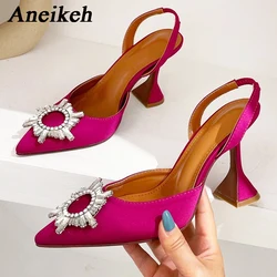 Aneikeh Brand Women Silk High Heels Luxury Crystal Butterfly Knot High Heels Summer Pointed Shoes Triangle Heeled Bride Pumps