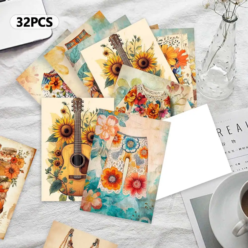32pcs Vintage Bohemian Style Postcards, Sunflower Flower Art Cards, Birthday/New Year/anniversary Gifts, Bedroom Decoration