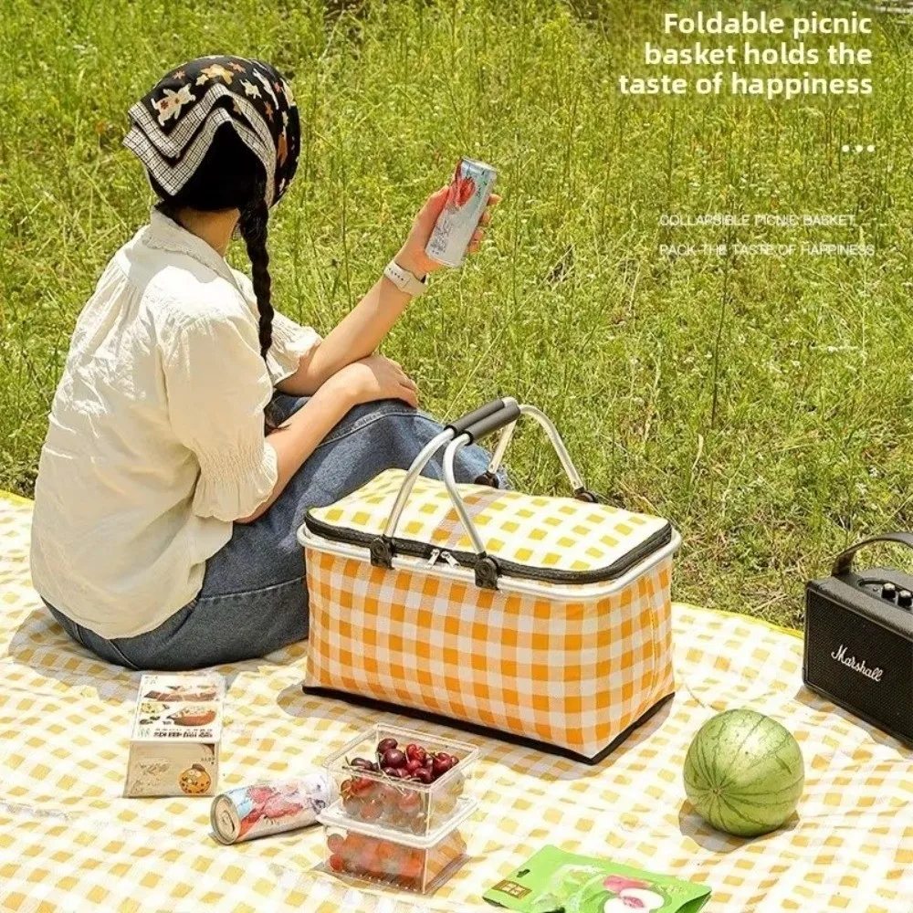Large Capacity Insulated Picnic Basket Aluminum Foil Lining Leak Proof Cooler Bag Strong Metal Handle Oxford Cloth Material