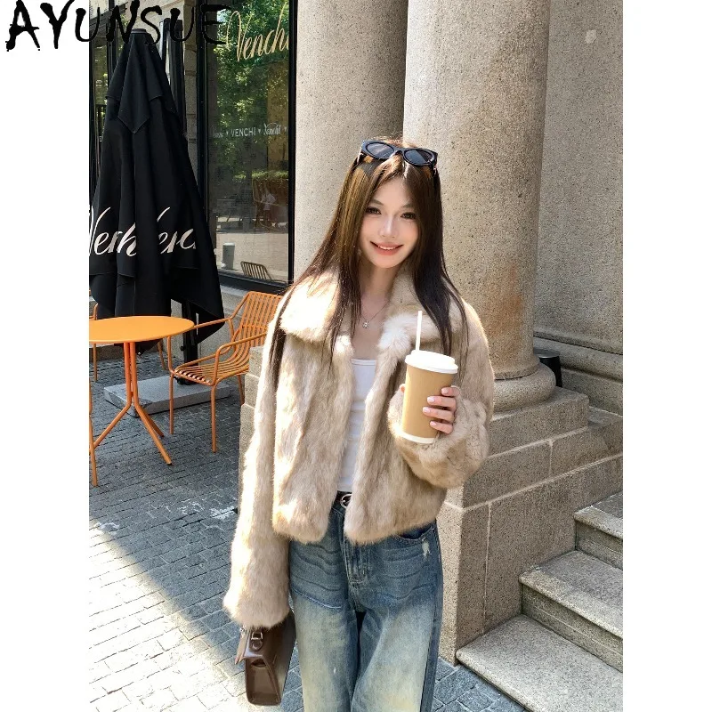 

AYUNSUE Rabbit Fur Coat Woman Winter Jacket Long Sleeve Tops for Woman Stylish Outerwears Luxury Woman Clothing Fourrures Femmes