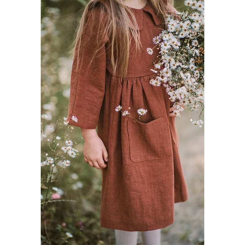 Retro Linen Cotton Rust Red Girls Princess Dress 2025 Spring New Literary Front Pockets Doll Collar Long-Sleeved Kids Dresses