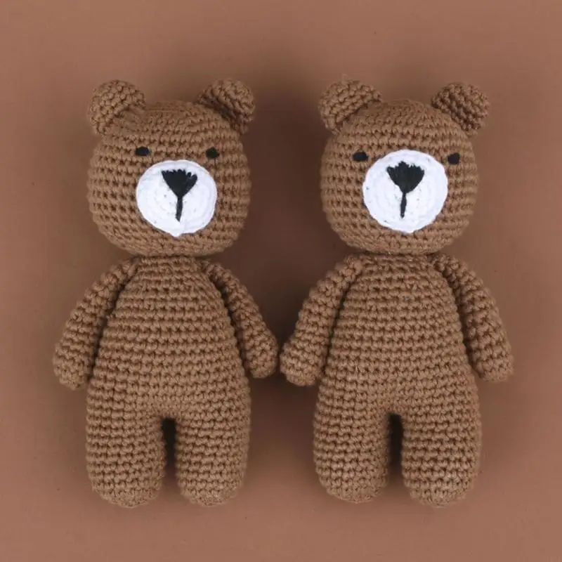 95AE Baby Crochet Bear Doll Stuffed Animal Sleeping Brown Bear Hand-Knit Toy Newborn Sleep Aid Gift Photography Prop