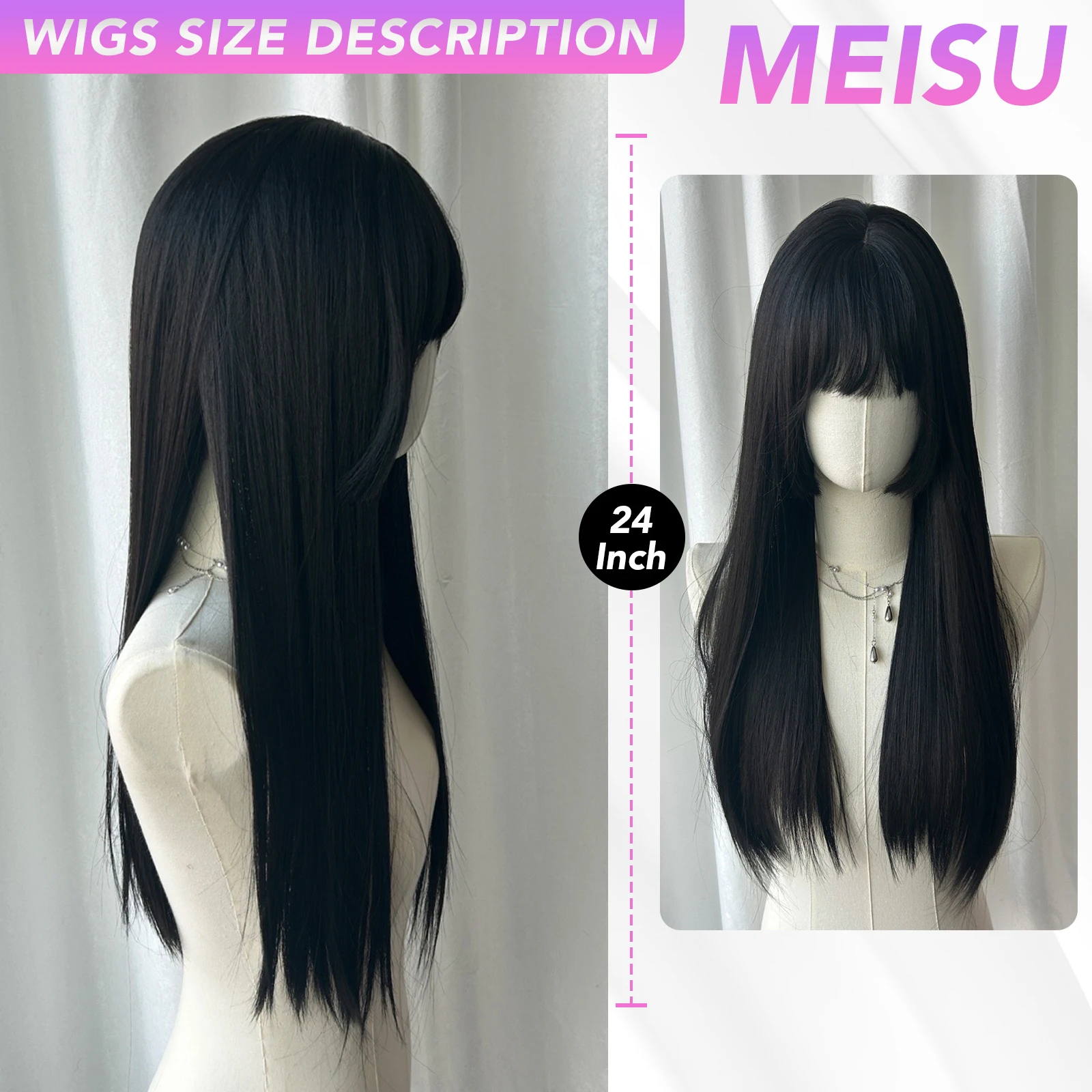 MEISU 24 بوصة أسود مستقيم شعر مستعار اصطناعي مقاوم للحرارة شعر طبيعي ناعم أنيق شعر مستعار للحفلات للنساء