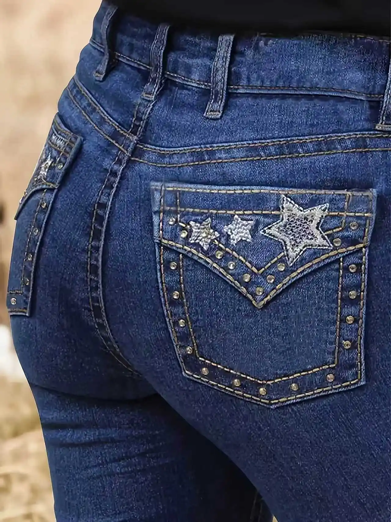 Ladies' dark blue slimming studded denim long pants, retro style, mid-rise, elastic, with star embroidery, slightly flared jeans