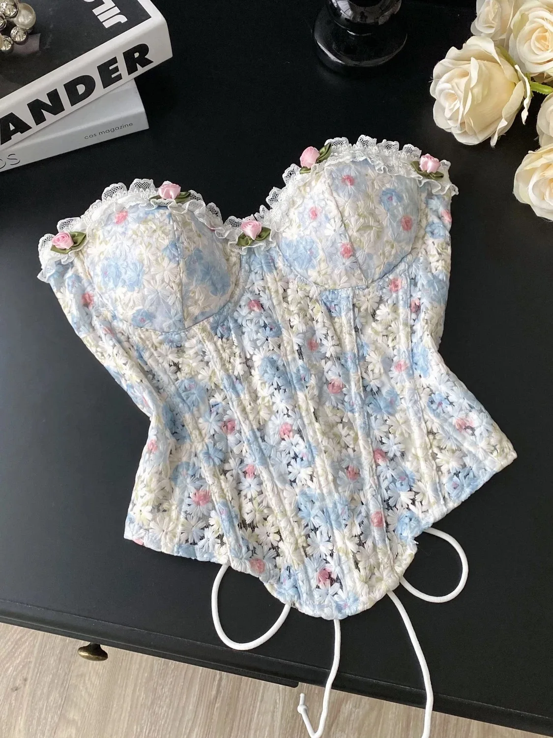 

Sweet lace embroidered flower tube top corset, elegant and fresh summer corset, romantic wedding banquet dress