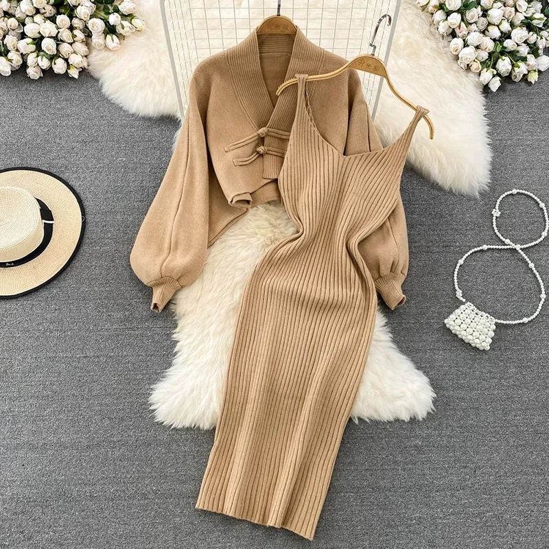 

New Chinese Style Vintage Knitted Cardigan Short Coat And V-Neck Solid Color Slimming Sleeveless Dress Graceful Set