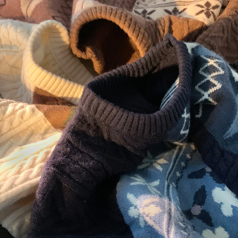 레트로 컬러 블록 니트 스웨터 남성용 가을 겨울 시사스 루즈 커플 매치 따뜻한 니트웨어 캐주얼 라운드 넥 롱 스웨터