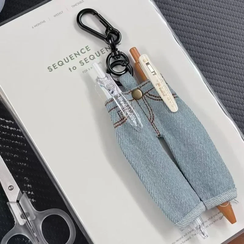 Cute Mini Jeans Shape Pen Holder Keyring Retro Denim Pen Sleeve TN Travel Notebook Decor Stationery Organizer Bag Hanging Charm