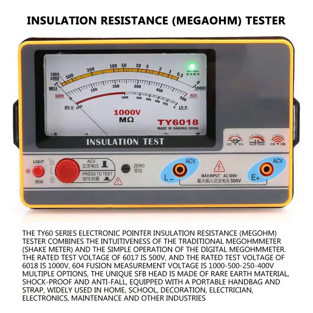 TY6017/6018/6045 Ponteiro Tipo Testador de resistência de isolamento Medidor de mão eletrônico 500v Tramegger