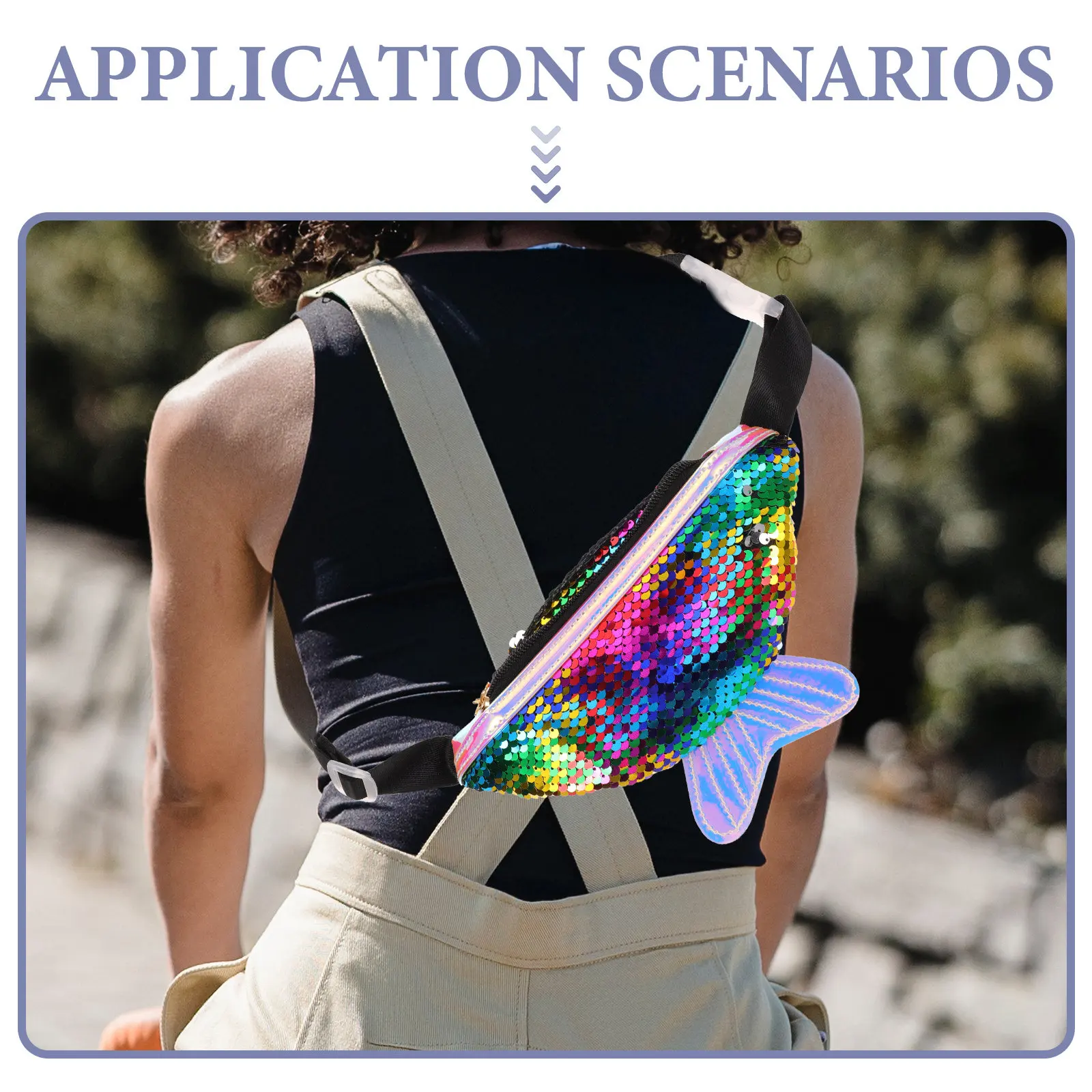 Outdoor Sports Waist Bag Fish Tail Shape Creative Sequins Fanny Black Travel Hiking Running Camping