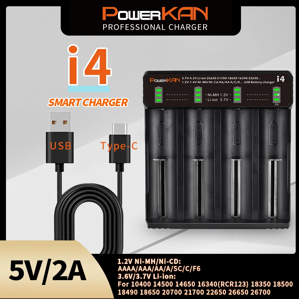 POWERKAN i4 battery charger with LED display for 4 3.7V Li-ion18650 26650 21700 batteries and 1.2V Ni-MH AA AAA No.5/7 batteries