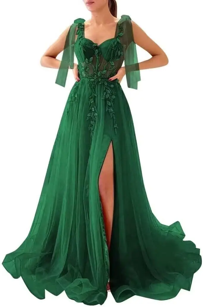 슬릿 스파게티 스트랩이 있는 튤 레이스 프롬 드레스, 포멀 이브닝 드레스, 스위트하트 볼 가운, 여성용 우아한 포멀 드레스