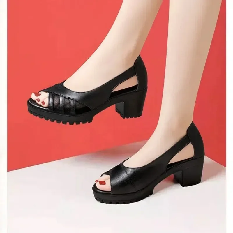 Women\'s Sandals 2024 Summer New Retro Fish Mouth Mesh Breathable Sandals Thick Bottom High Heels Soft Leather Sandals