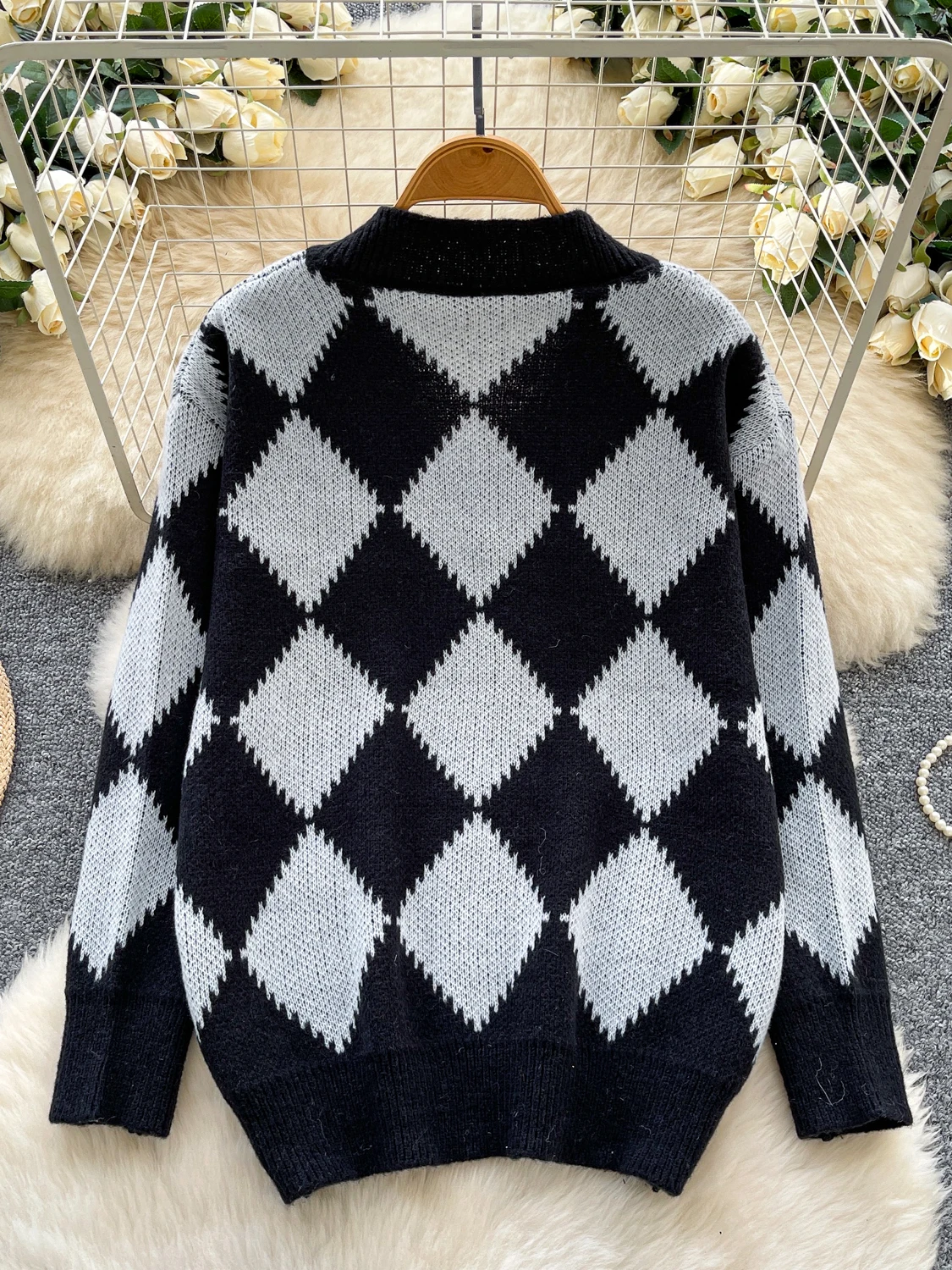 فضفاضة تناسب V-Ne طويلة Sve متماسكة سترة المرأة الكورية Sle كسول تصميم الرجعية الماس نمط اللون بلو محبوك irt #4