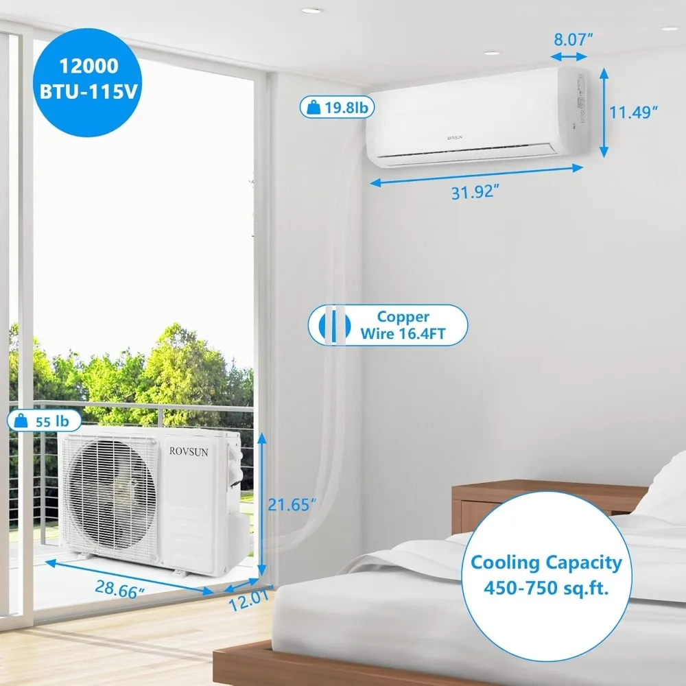 12,000 BTU Mini Split AC/Heating System 19 SEER 115V Energy Saving Ductless Split-System Air Conditioner Pre-Charged Condenser