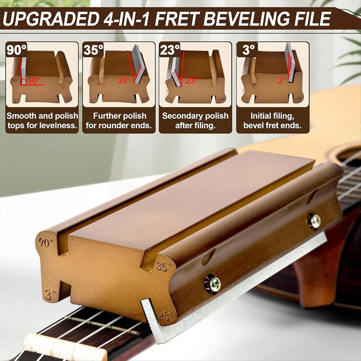 ABVB 4in1 Guitar Fret File Tool 3°,23°,35°,90° Angles for Fret Dressing,Guitar Fret Tools for Beveling, Rounding, Deburring