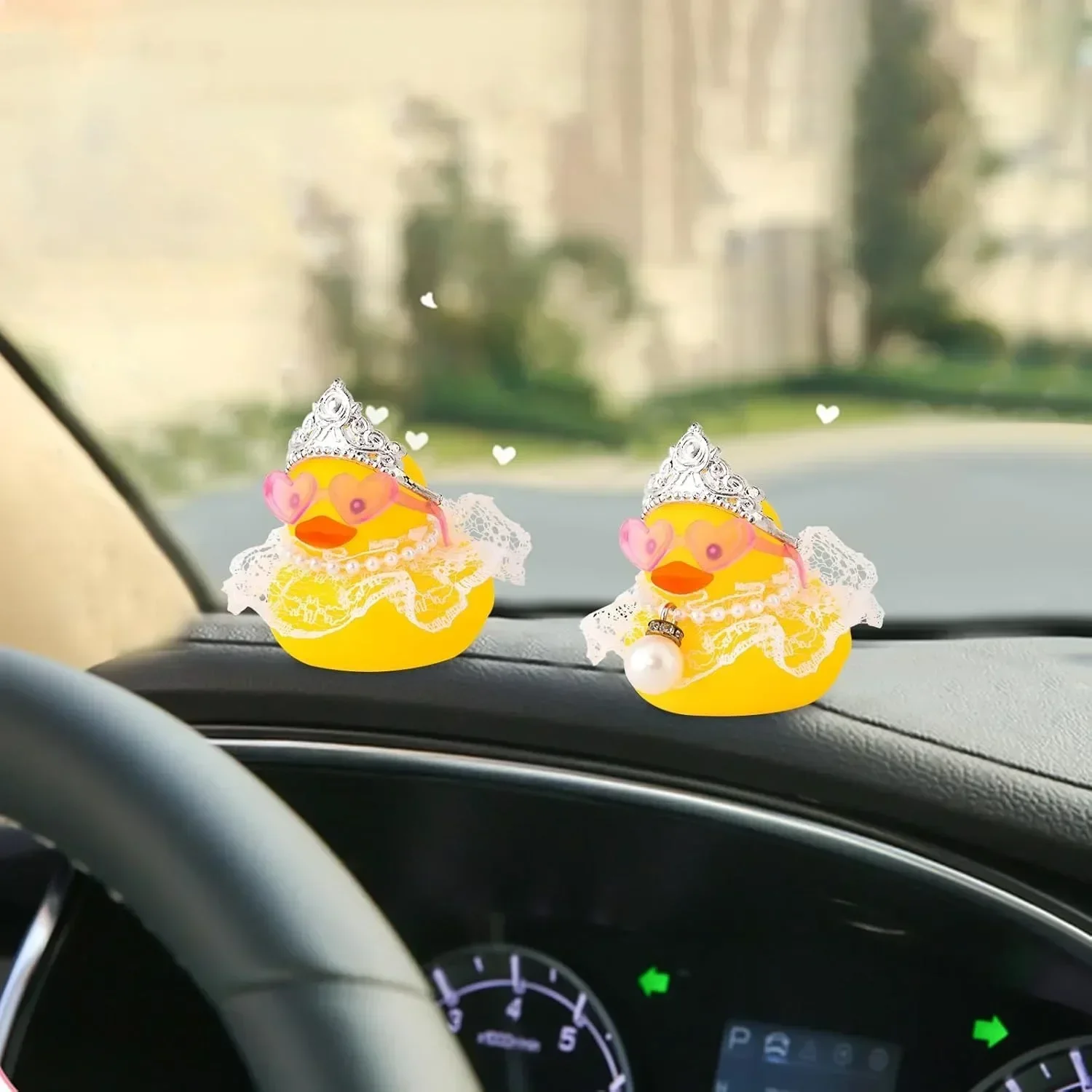 Car Rubber Duck Decoration Cute Car Princess Ducks for Cars Dashboard Ornament with Dress Loveglasses Necklace, Lace Skirt
