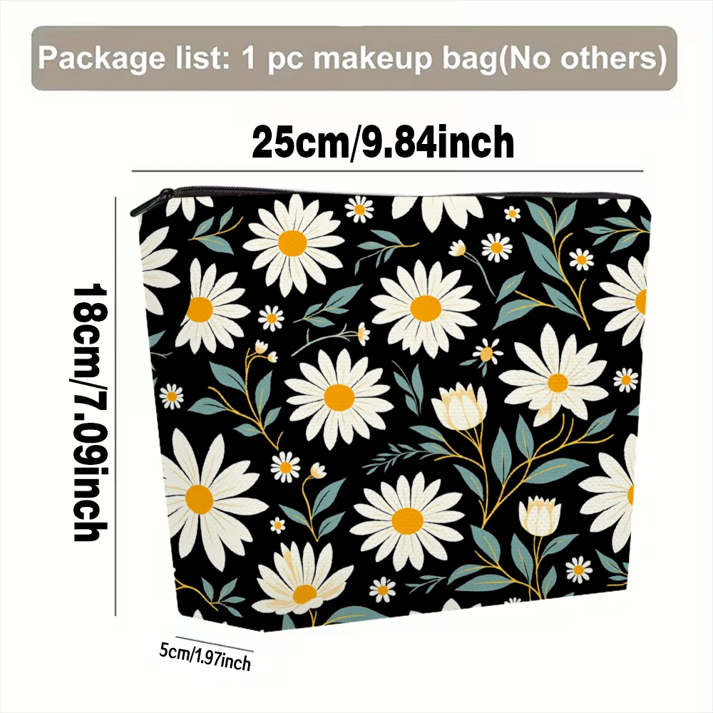 Daisy Flowers Black Background Pattern Makeup Bags for Girls Cosmetic Pouch Toiletry Bag Pencil Case Travel Storage