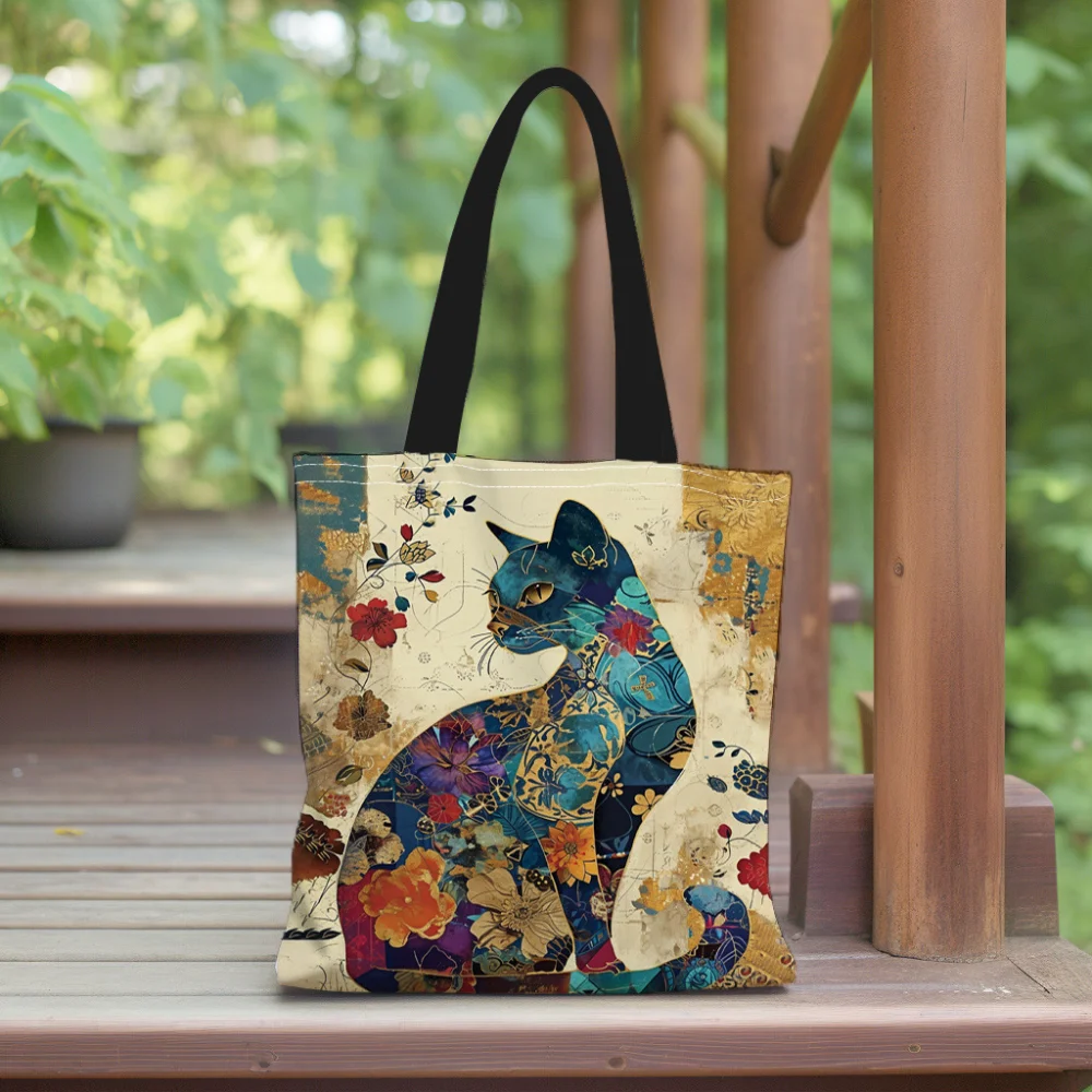 Cartoon Cat Oil Painting Tote Bag Large Capacity Shopping Bag Casual Commuting Canvas Bag Women'S Shoulder Handbag Stylish