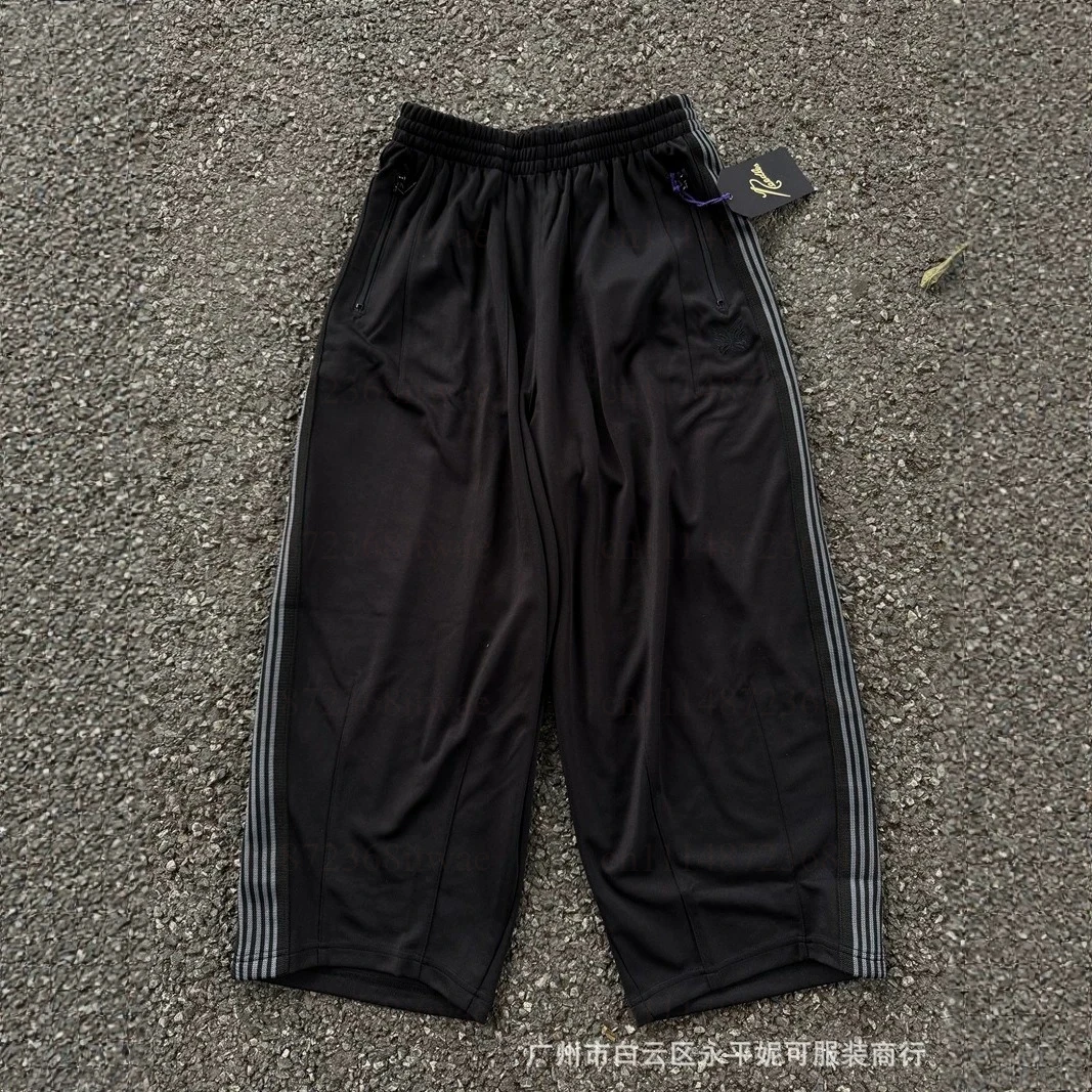 Men Women Relaxed Wide Leg Long Pants Butterfly Embroidery Side Vertical Stripe Elastic Drawstring Waist For Daily Outdoor Wear