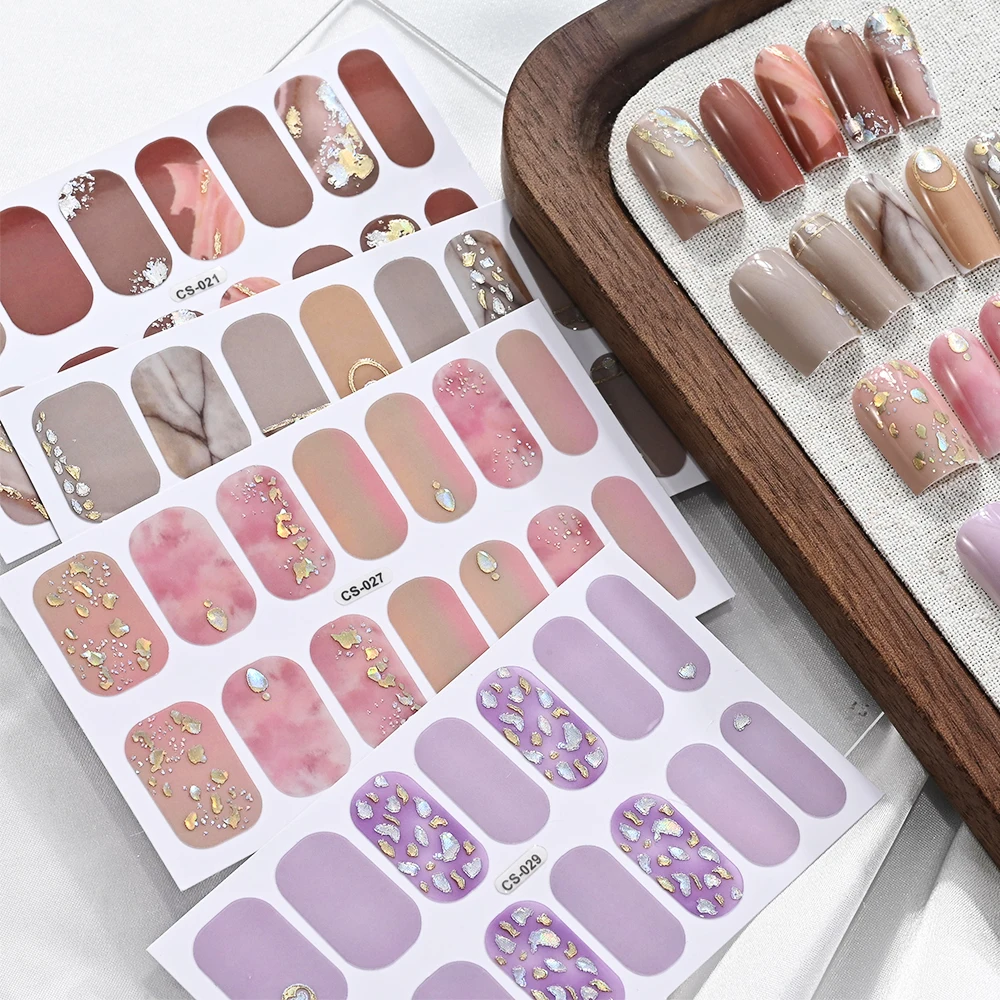 14 Tipps 3D Bronzing Gold Nail Art Wraps Full Cover Summer Shell Design Nagelaufkleber Selbstklebender French Line Nail Art Strip R6%