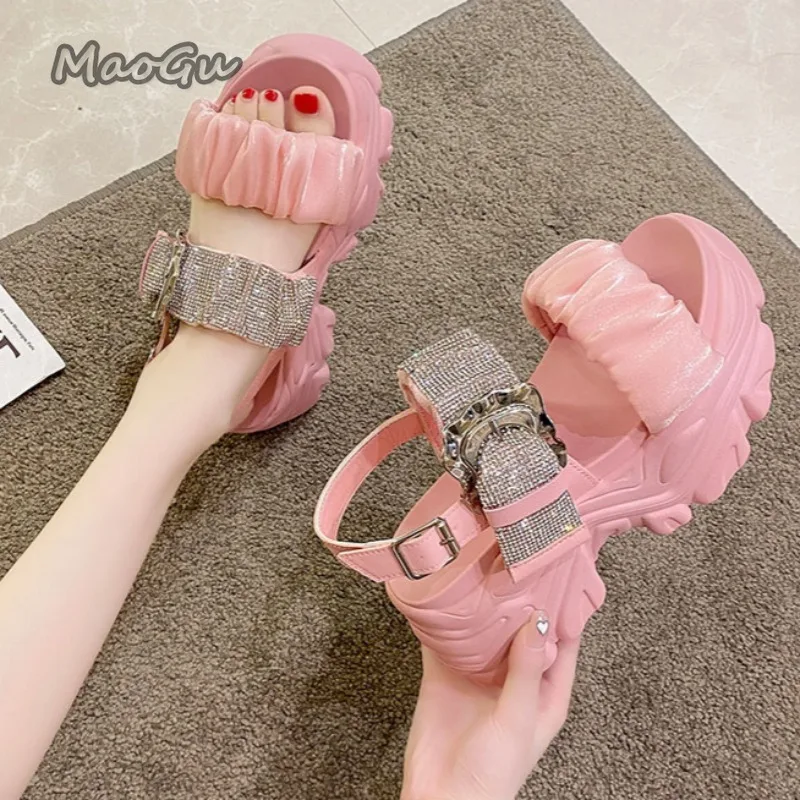 

Women's Rhinestone Chunky Platform Sandals Ruffled Fabric Open Toe Shoes for Woman Thick Sole Wedge Summer Casual Shoes Female