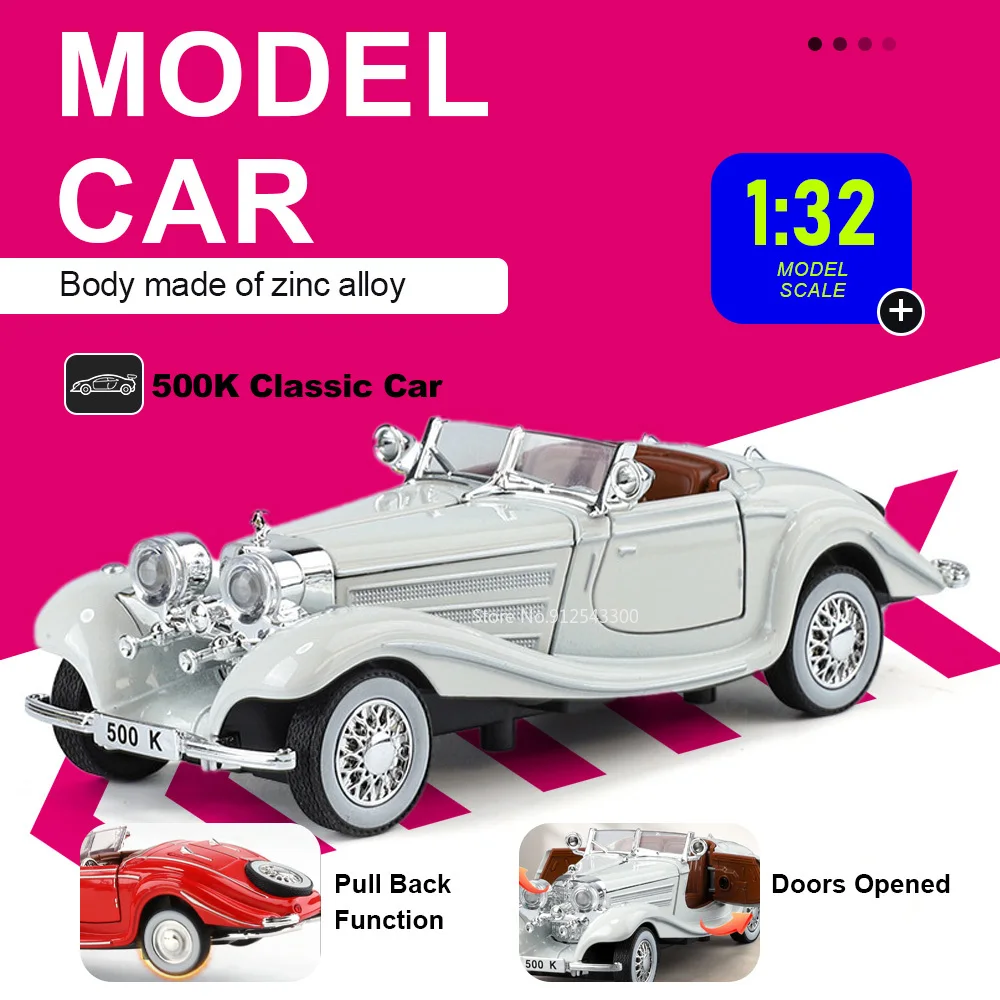 

1:32 Scale 500K 300SL Car Model Toy Doors Opened Pull Back Models Alloy Diecast Rubber Tires Classic Vehicle Party Souvenirs