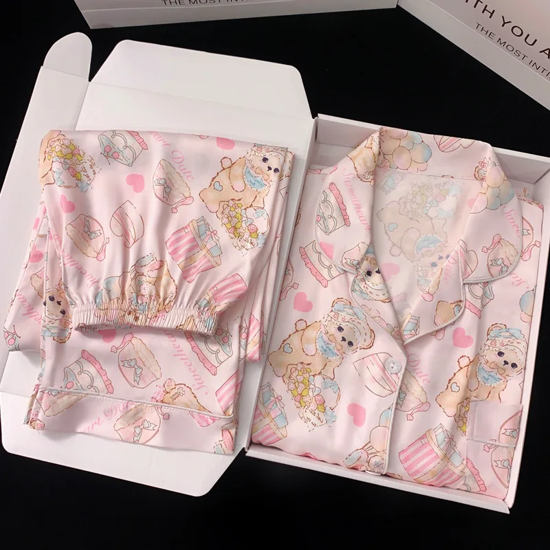 

Spring and Autumn New Ladies Pure Desire Wind Cartoon Pink Cartoon Pajamas Printing Girls Ice Silk Pajamas Lapel Homewear Suit