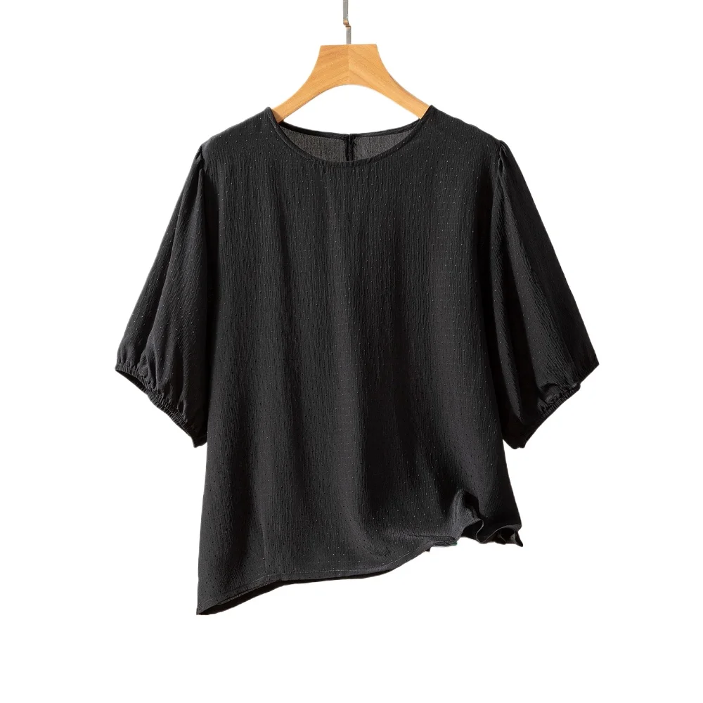 

Women's Summer New 100% Natural Mulberry Silk Bark Crepe Black Commuter Simple Versatile Air Feeling Round Neck Short T-shirt