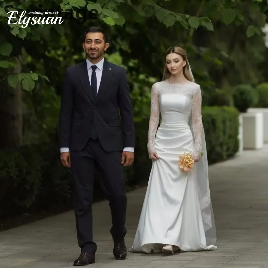 Aangepaste eenvoudige elegante zeemeermin satijnen kant lange mouw trouwjurk bruidsjurken