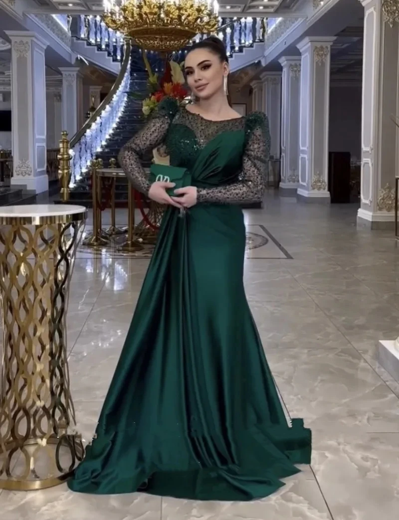 Romantic Green Satin Evening Dresses O-Neck Glitter Long Sleeves Satin Custom Made Mermaid Party Prom Gown Vestidos De Noche