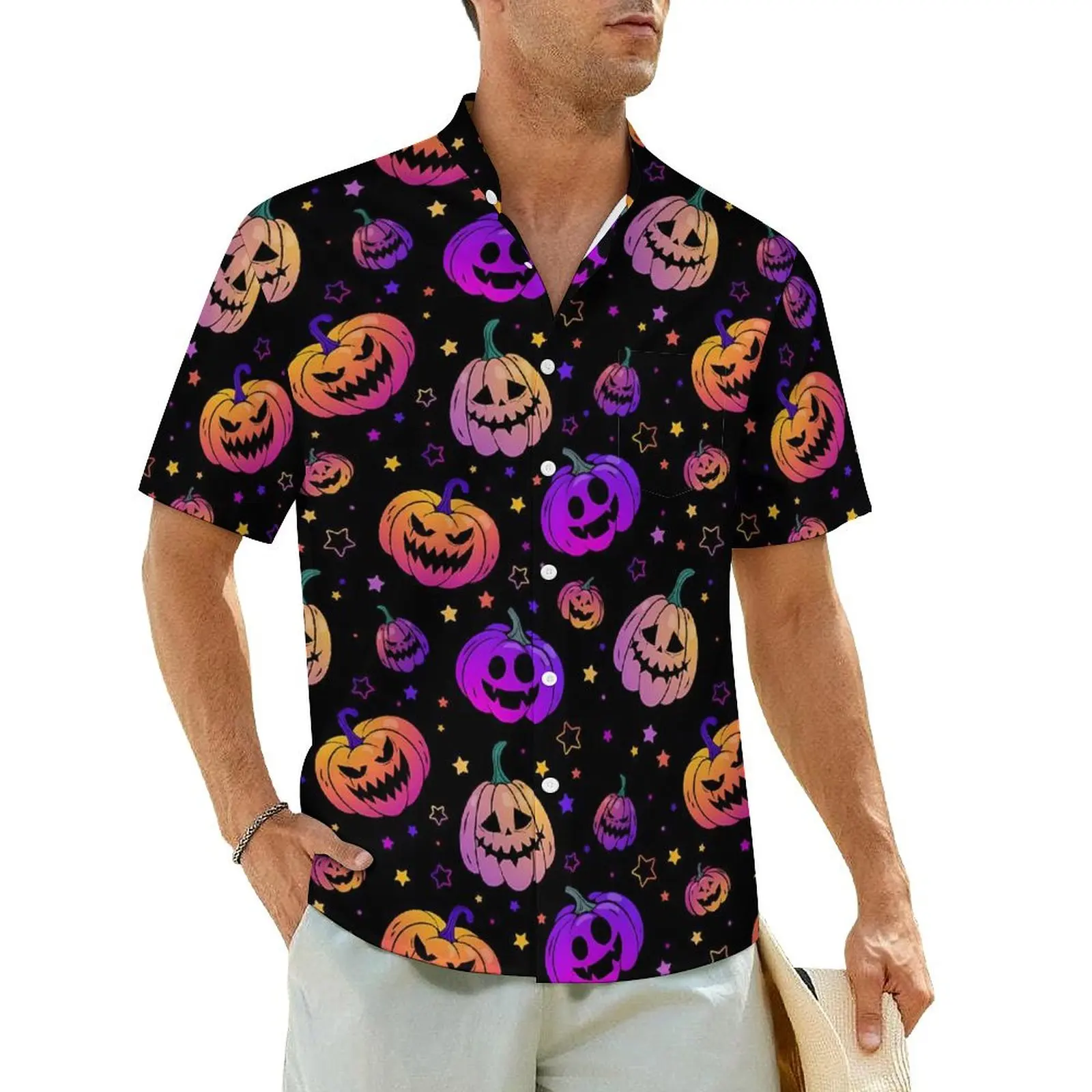 

Neon Pumpkins Beach Shirt Halloween Print Hawaiian Casual Shirts Male Novelty Blouses Short-Sleeved Streetwear Design Tops