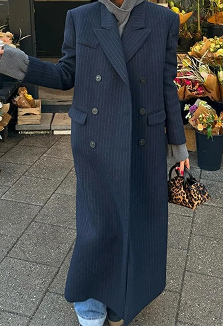 

2025 Autumn/Winter Women's Fashion New Product Commuter Collar Striped Long Suit Coat Warm Woolen Coat