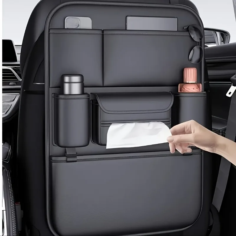 1pc Car Seat Organizer Napa Faux Leather Multifunction Dual Tablet Cup Holder Storage Fits SUV Sedan Black Diamond Stitch