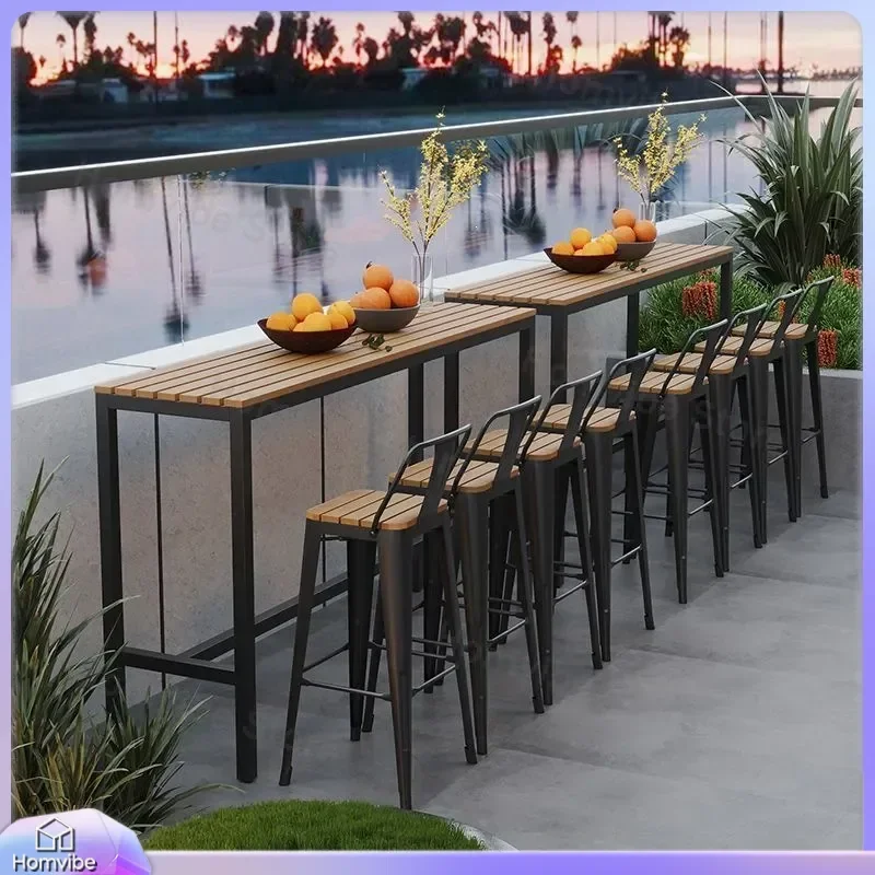 Outdoor Wrought Iron Bar Table and Chair Set Plastic Wood Preservative Tall Narrow Long Strip Wall Mounted Patio Furniture