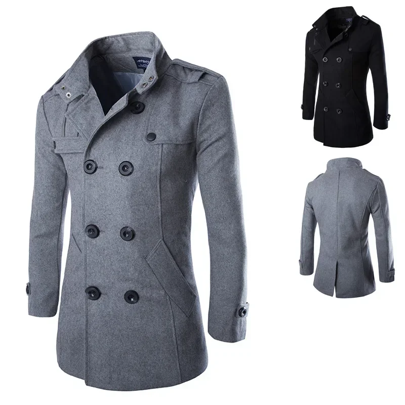 Autumn and Winter Foreign Trade Men's Solid Large Coat Trendy Double Breasted Coat Windbreaker