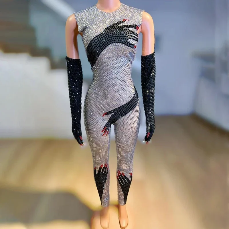Sexy Pole Dance Outfit Nero Argento Strass Tuta Guanti Donna Dj Ds Party Gogo Abbigliamento Drag Queen Costume XS6638
