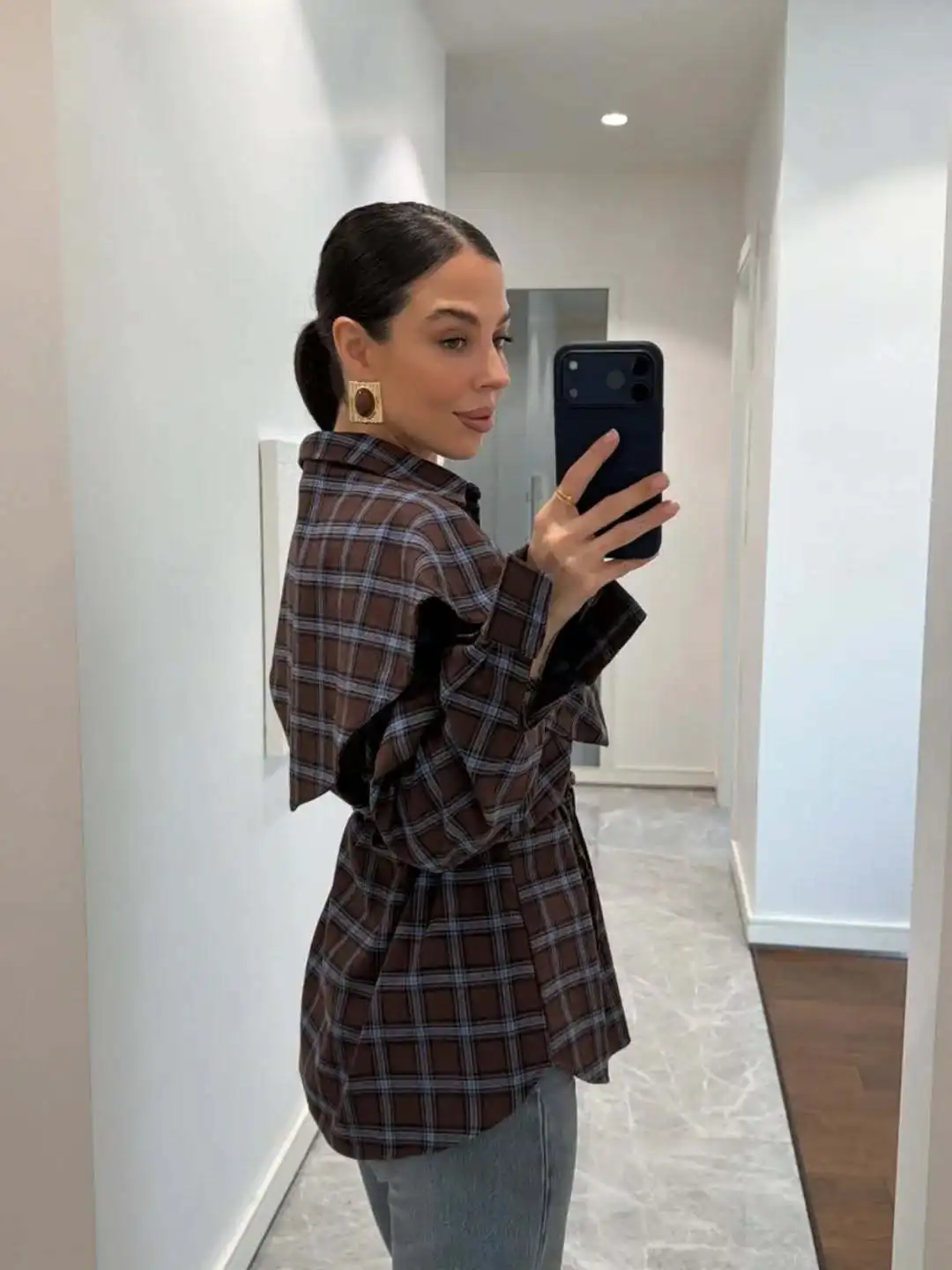 Fashion Plaid Long-sleeved Women's Shirt Spring New Shawl Lace Waist Lapel Versatile Loose Commuting Fake Two-piece Top