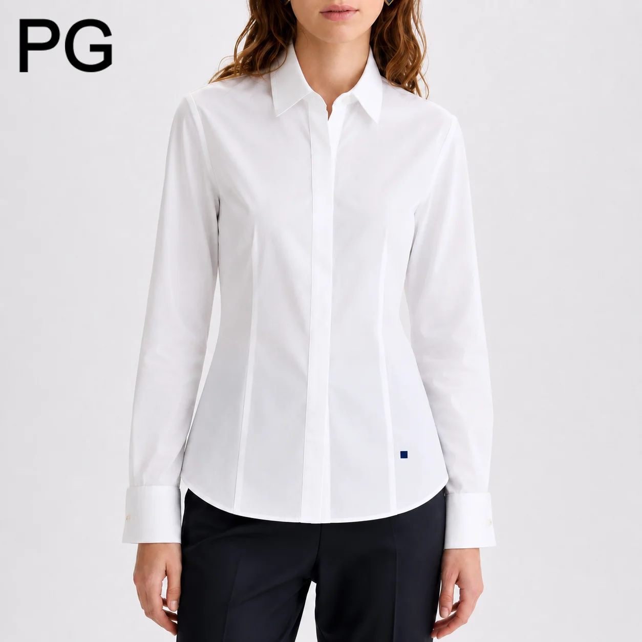 PG Women Lapel Long Sleeve Blouse Full Button Placket Side Embroidery Minimalist Design Business Commuter Tops
