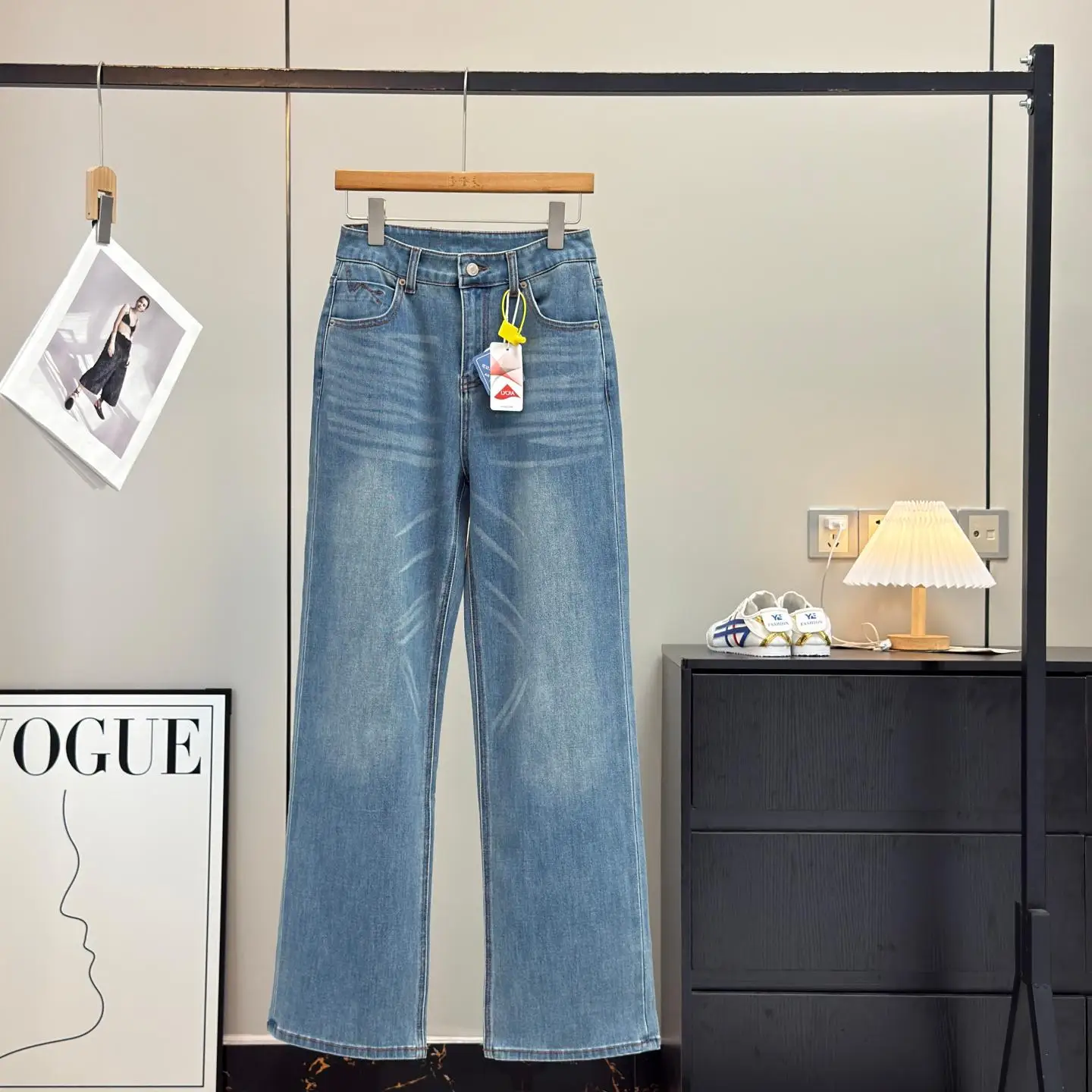 

Retro High Waist Four Way Stretch Soft Wash Blue Loose Slim Straight Leg Jeans Floor Length Pants Women's Spring Cotton Denim