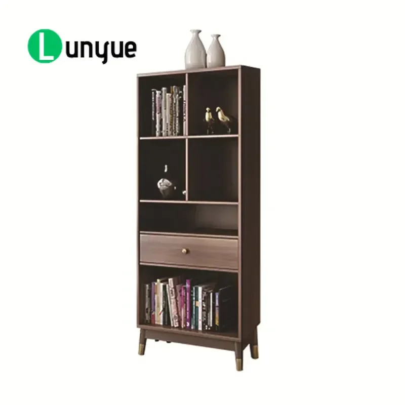 Custom Vintage Walnut Bookshelf with Oversized Drawers and 6 Semi Open Shelves for Home Office Furniture Storage Display