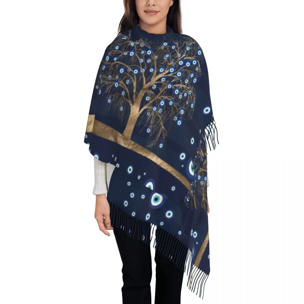 Personalized Printed Charm Tree Gold On Dark Blue Scarf Women Men Winter Fall Warm Scarves Amulet Nazar Evil Eye Shawl Wrap